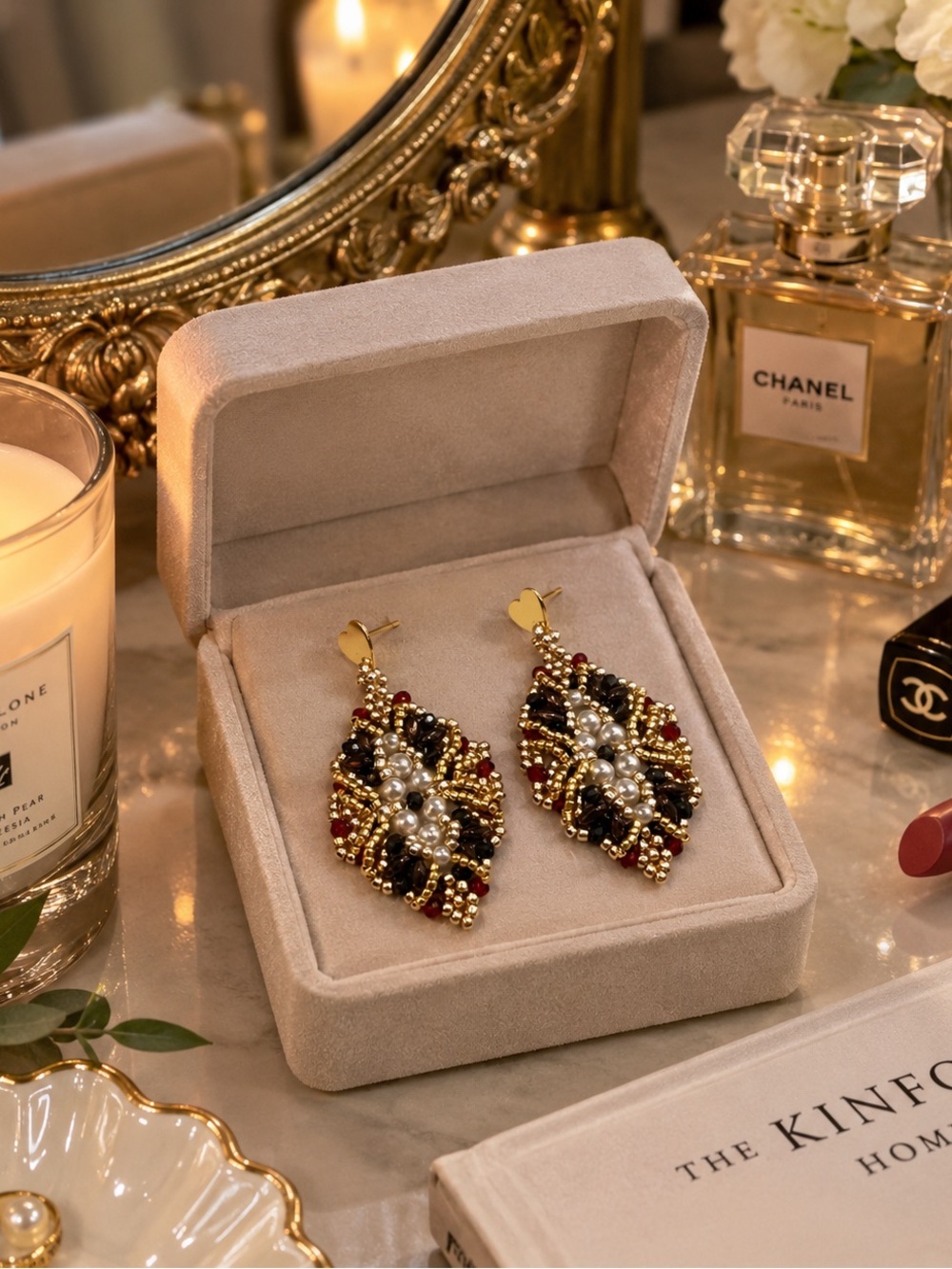 Gold Leaf Beaded Drop Earrings with Black, Red and Pearl Accents